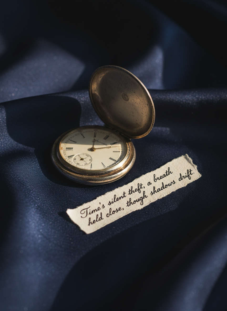 An antique, slightly tarnished silver pocket watch rests on a rippled piece of navy silk fabric, its open lid revealing ornate hands frozen between minutes. Beside it, a narrow strip of handmade paper carries a short, handwritten verse in flowing ink, the fibers of the paper visible in close detail. Soft, diffused late afternoon light from the left brushes across the metal, catching fine scratches and casting delicate shadows into the silk folds. The background fades into a velvety, out-of-focus darkness, emphasizing the intimacy of the objects. Photographic realism with a close-up, three-quarter angle, and shallow depth of field, evoking the quiet tension between passing time and held emotion that defines sophisticated poetry.
