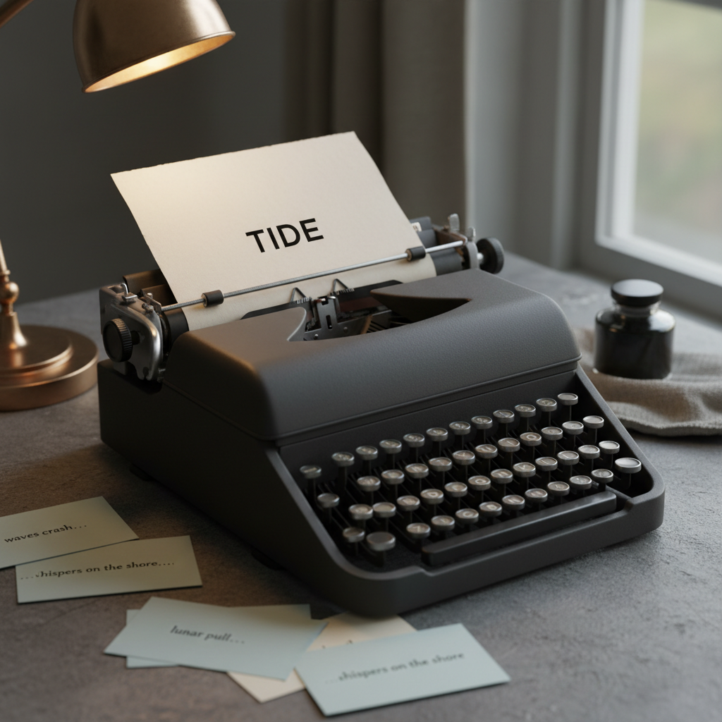 A vintage typewriter in matte black sits on a slate-gray desk, a single sheet of heavy, slightly deckled paper rolled into the platen, bearing just one centered word: “TIDE” in crisp, black type. Around the typewriter, scattered pale blue and cream notecards show partially typed fragments of verse, some slightly crumpled at the edges. Cool early evening window light mixes with a soft, warm desk lamp glow, creating a balanced, sophisticated ambiance with gentle reflections on the keys. Out of focus in the background, a glass ink bottle and a folded linen cloth add subtle texture. Photographic realism, shot from a slightly elevated three-quarter angle using the rule of thirds, capturing the sense of poetic process, hesitation, and flow.