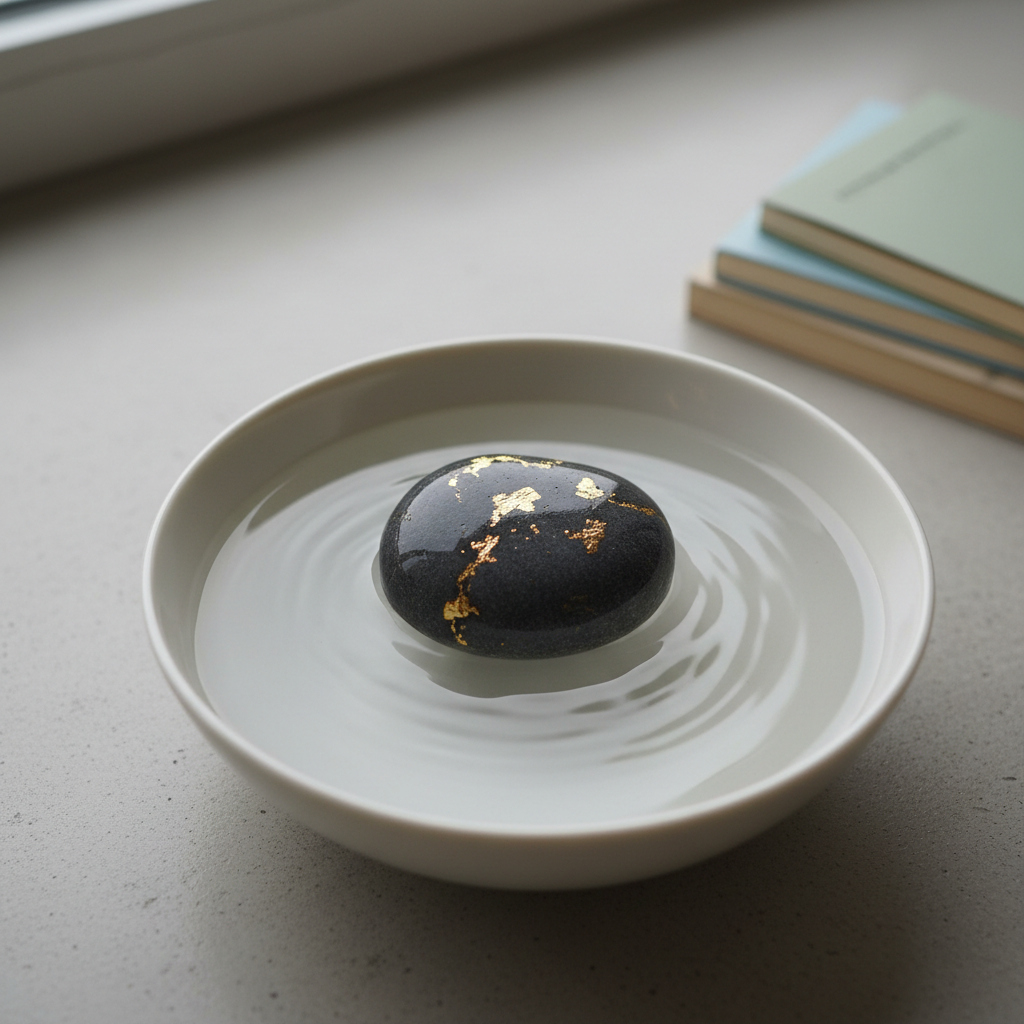 A solitary, smooth river stone in deep charcoal gray sits at the edge of a shallow porcelain bowl filled with still water, faint concentric ripples spreading from the stone’s base. Tiny fragments of gold leaf cling to the stone’s surface, echoing the Japanese kintsugi aesthetic. The bowl rests on a pale concrete surface near a window, where cool overcast daylight filters in, creating soft reflections on the water and subtle highlights on the stone’s curves. In the softly blurred distance, a stack of thin poetry chapbooks in muted tones hints at a wider world of words. Photographic realism, shot from above with a gentle diagonal composition, capturing a serene, introspective atmosphere.
